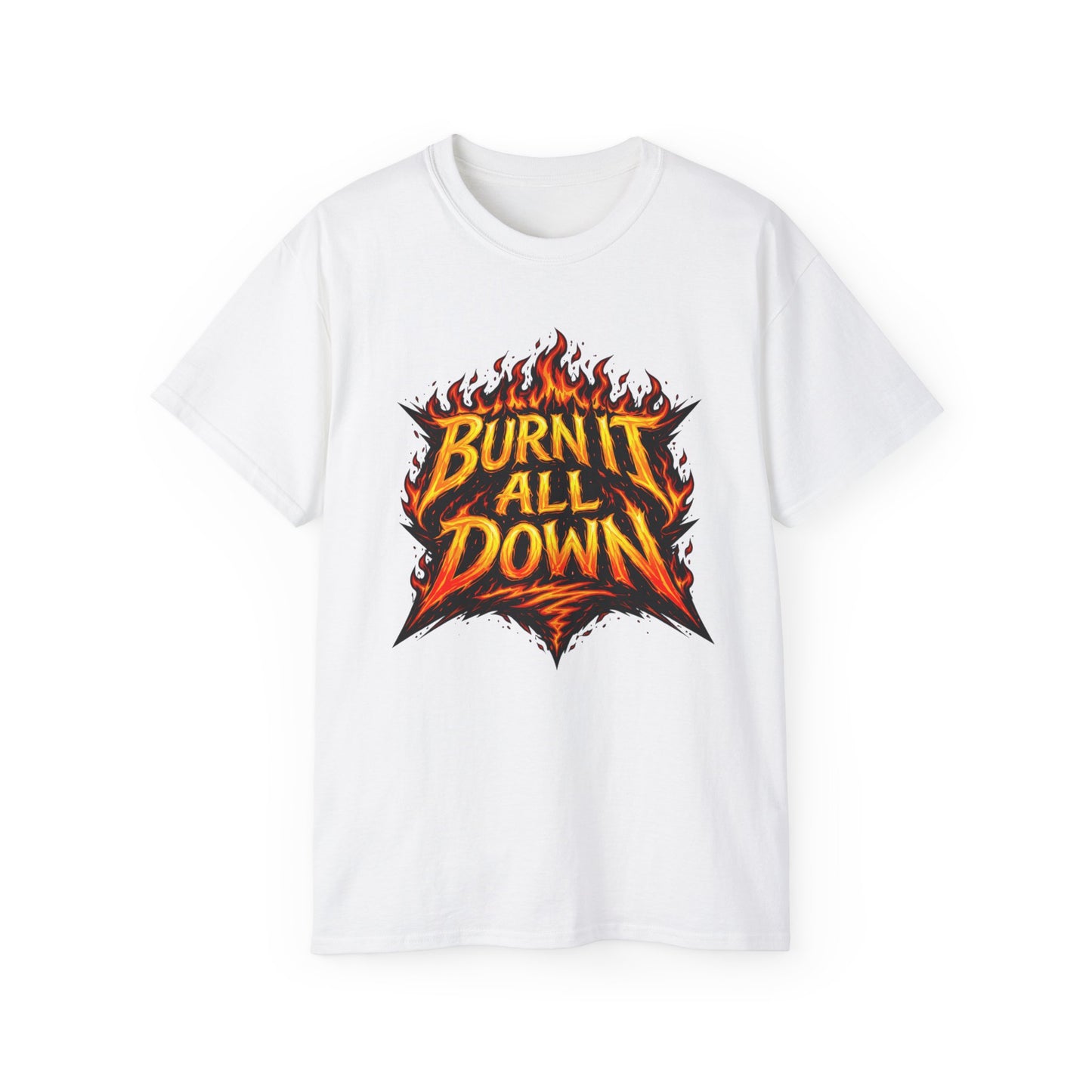 Burn It All Down Tee — Flame Graphic Cotton T‑Shirt