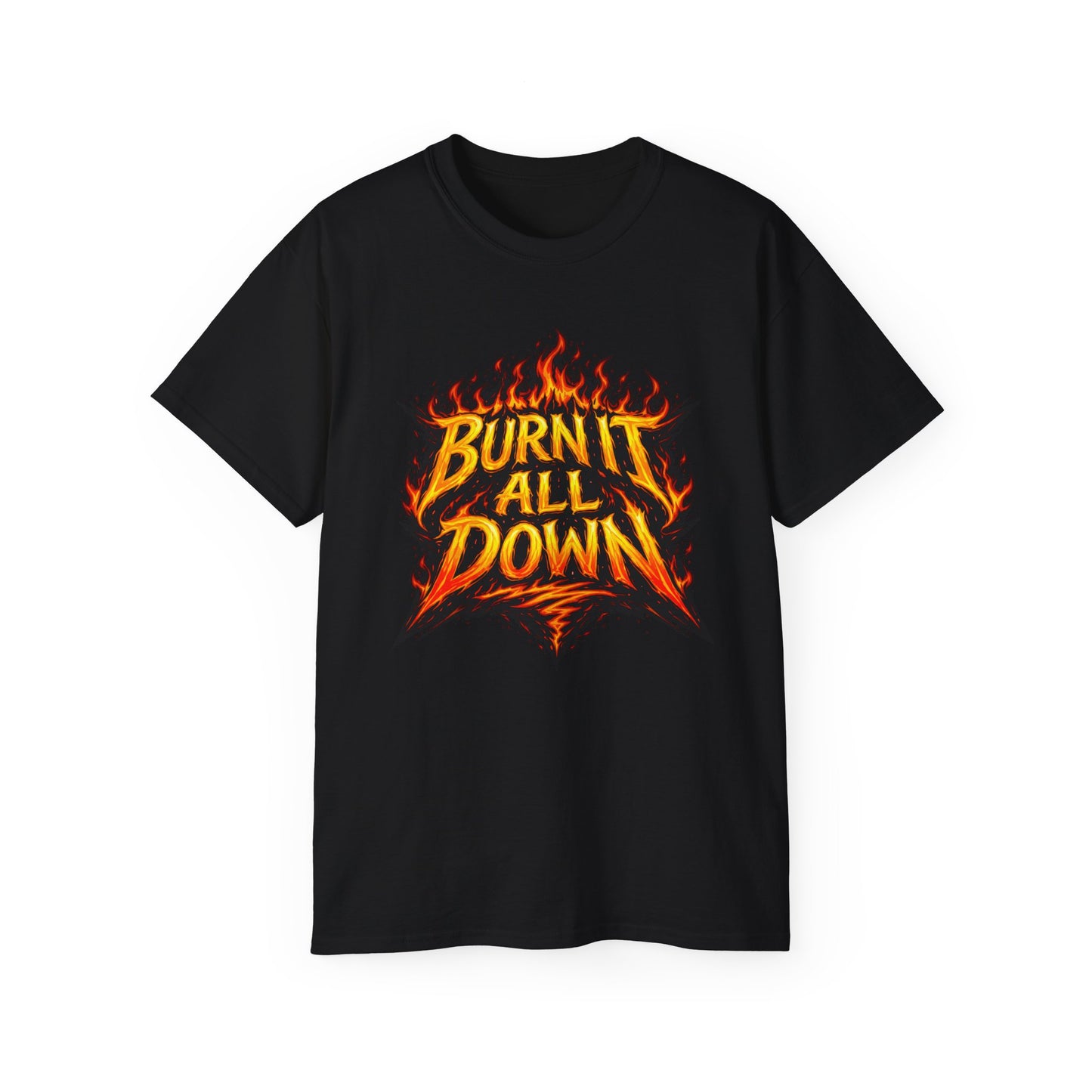 Burn It All Down Tee — Flame Graphic Cotton T‑Shirt