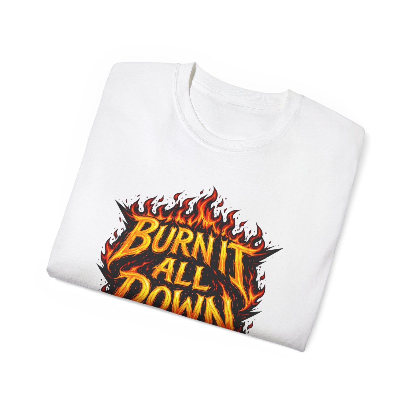 Burn It All Down Tee — Flame Graphic Cotton T‑Shirt